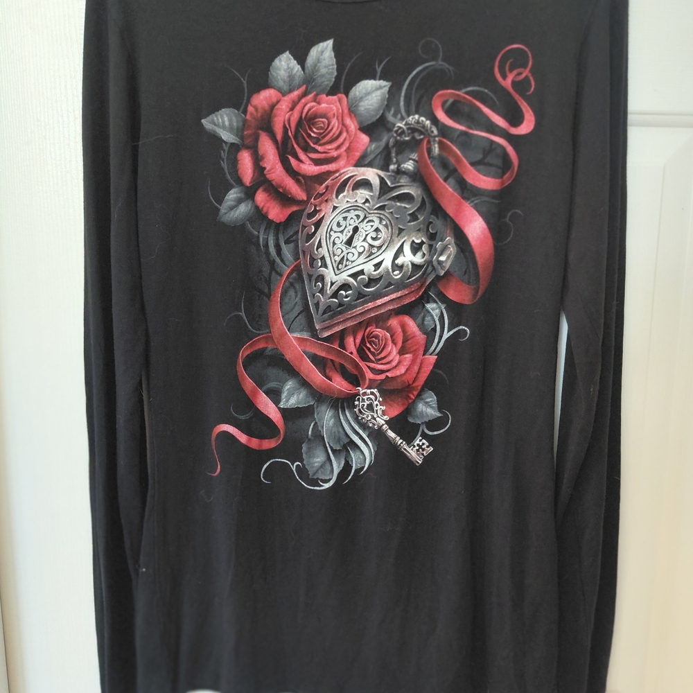 Black Long Sleeve Tee with Red Rose & Heart Locket Graphic